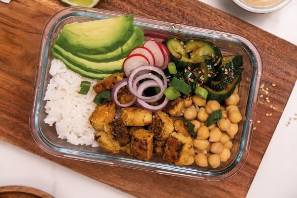 Tofu and Rice Bowl with Korean Cucumber Salad and Tahini Sauce